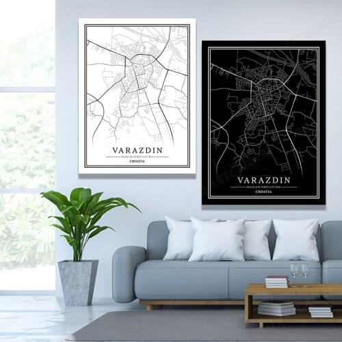 Modern Black and White VARAZDIN City Map Travel Canvas Painting Poster Print Wall Art Pictures for Home Decor