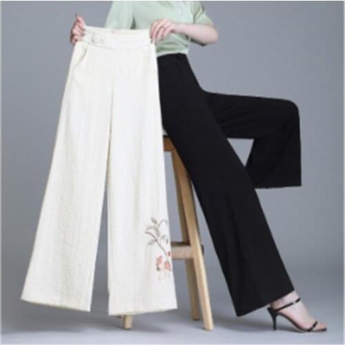 Outer Wear cotton and linen wide-leg Flare pants womens summer high waist thin linen loose drape straight embroidered trousers