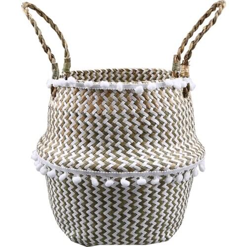 WHISM Fashionable Storage Basket for Toys Cute Natural Sea Grass Laundry Basket Hand-Woven Wicker Basket Folding Storage Baskets
