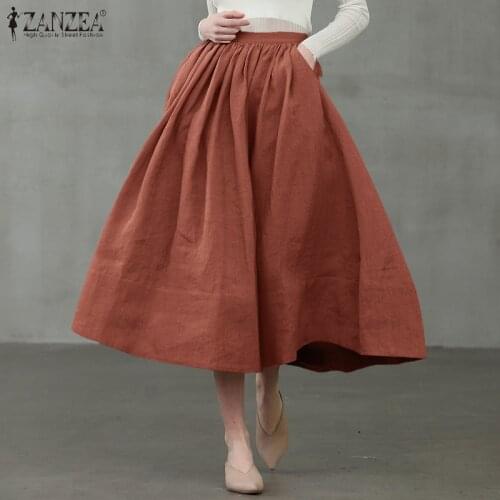 ZANZEA Women Vintage Skirts 2021 Summer Office Lady Midi Skirt Casual Solid A-line Pockets Zipper Oversized Cotton Linen Skirts