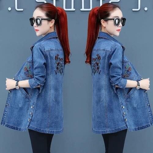 Mid-Length Denim Jacket Womens Long-Sleeved Early Autumn 2021 New Casual Loose Denim Windbreaker Outwear Clothing Cardigan L107