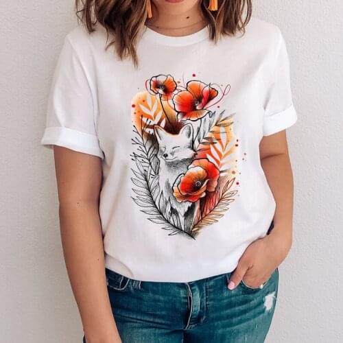 Women Graphic Cartoon 90s Korean Summer Spring Fox Animal Clothes Lady Tops Clothing Tees Print Female Tshirt T-Shirt