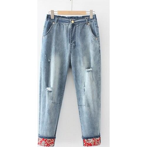 Plus Size XL-5XL Womens Stretchable Jeans Blue Black Ripped Denim Pants with Floral Printed