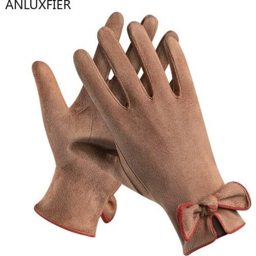 H10057 Women Suede Gloves Touch Screen Mittens Autumn Winter Outdoor Shopping Riding Bowknot Elegant Warm Simple Girl Hand Muff