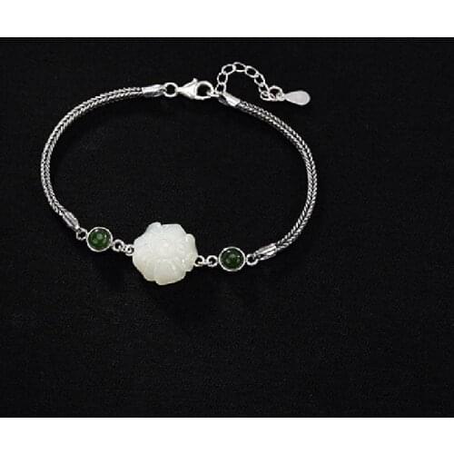 S925 Sterling Silver Vintage Inlaid Natural Hetian Jade White Jade Plum Blossom Jasper Beads Embellished Ladies Bracelet