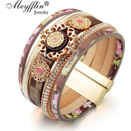 Meyfflin Punk Women Men Magnetic Wrap Bracelet Jewelry Fashion Flower PU Leather Charm Bracelets & Bangles Bijoux 2020 Gifts