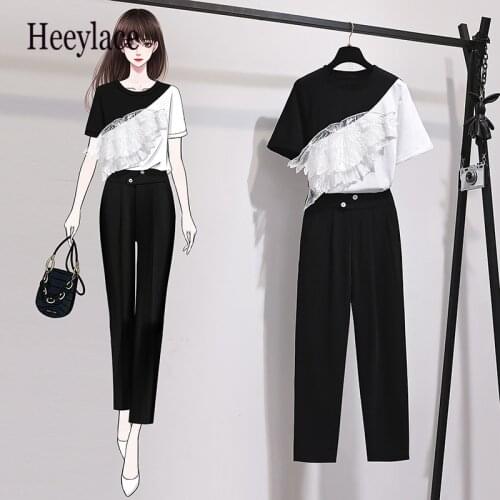 Office ladies 2 pieces sets summer Korean lace patchwork tops and long pants 2 pieces sets women clothing two pieces outfits