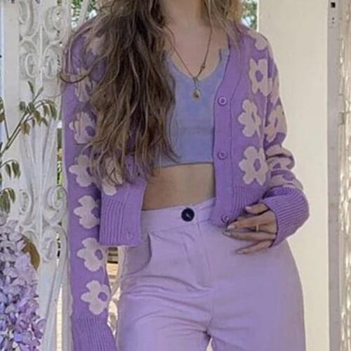 Women Sweaters Winter Fall Spring Clothes Floral Pattern Purple Knitted Tops Ladies Casual Fashion Button-up Cardigan Coats
