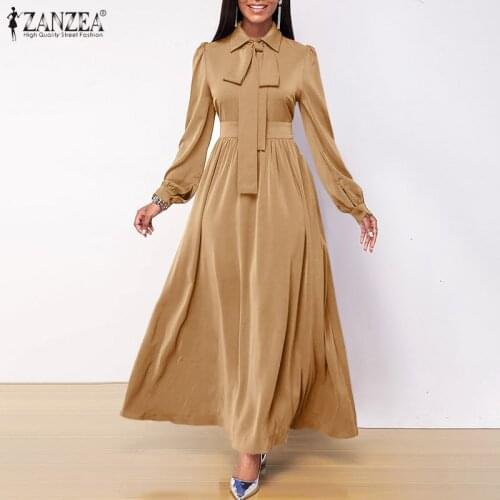 Womens Bohemian Party Floor Dress 2021 Autumn Elegant Bow Tie Vestido ZANZEA Solid Lapel Robe Longue Lady Fashion A Line Dresses