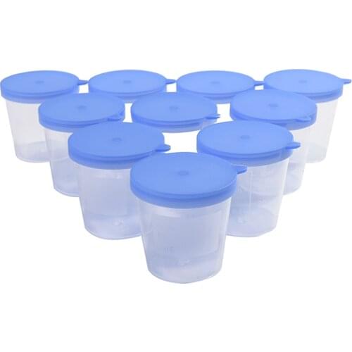 10 PCS Urine Container Specimen Cup Sample Bottle 40ML Vol Molded Graduation ML And Oz PP EO Sterile Blue Cap Plastic Cup
