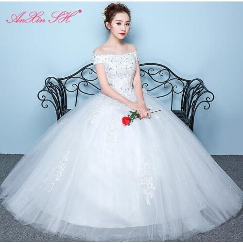 AXJFU princess flower lace white wedding dress party vintage boat neck turkey beading sleeveless ball gown wedding dress
