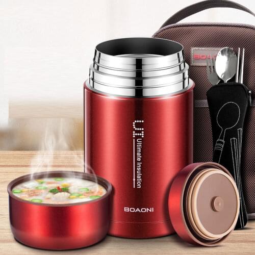 BOAONI 800ml/1000ml Food Thermal Jar Vacuum Insulated Soup Thermos Containers 316 Stainless Steel Lunch Box with Folding Spoon
