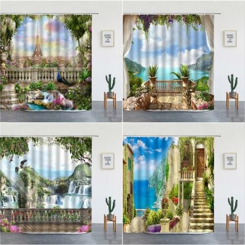 European Landscape Shower Curtains Paris Tower Mediterranean Natural Scenery Backdrop Wall Decor Bathroom Bath Screen With Hooks