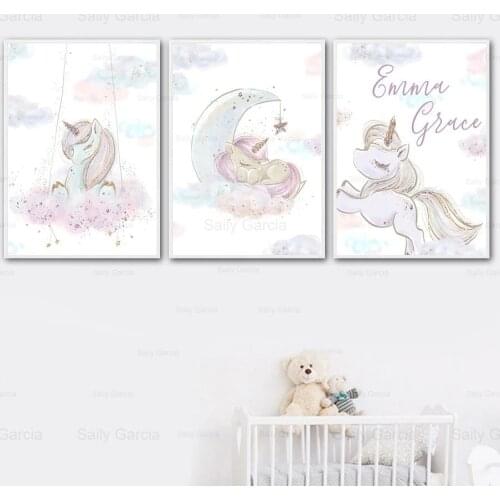 Fantasy Unicorn Wallpaper Canvas Painting Cartoon Childlike Poster Cloud Moon Art Craft Kids Room Decoration Picture Print
