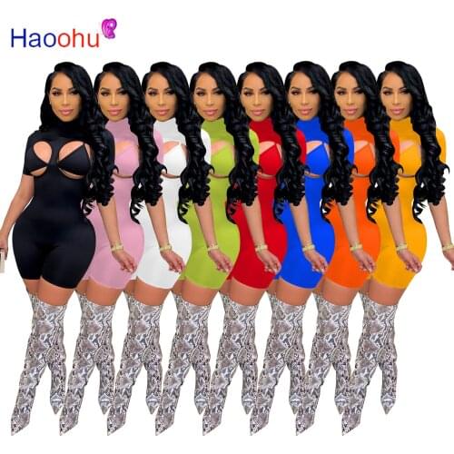 HAOOHU 2 Piece Sets Womens Outfits Short Sleeve Crop Top Turtleneck Playsuits Summer Clothing Sexy Bodycon Club Matching Sets