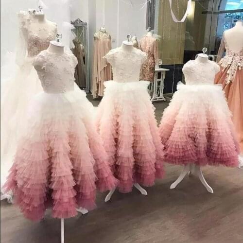 Mother Daughter Tiers Lace Beading Pink Dresses Ball Gowns Pink Shade Mother Daughter Party Celebration Dress Custom Made
