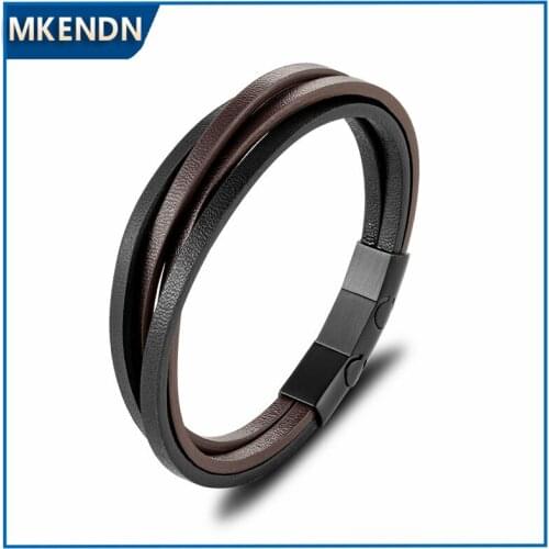 MKENDN New Fashion Leather Bracelet Black Coffee Multilayer Rope Chain Stainless Steel Magnet Men Women Jewelry Pulseras Gifts