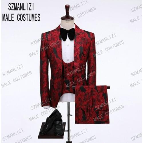 2019 Fashion Male Clothes Red Floral 3 Pieces Costume Slim fit Formal Design PromParty Suits Groom Tuxedos For Men Wedding Suits