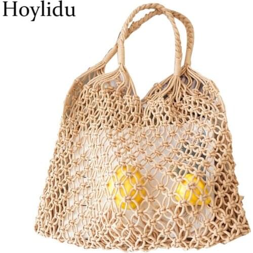 New Summer Portable Net Women Straw Handbags Bohemian Bali Beach Tote Holiday Travel Hand-woven Bags Hollow Out Basket For Girls