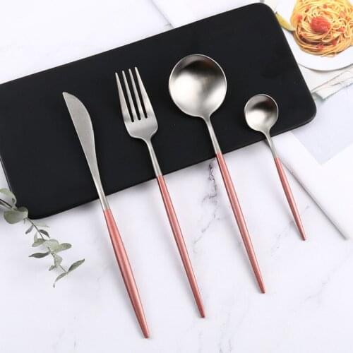 Pink Silver 4Pcs/set Stainless Steel Frosted Cutlery Set Knife Spoon Fork Dessert Spoon Restaurant Travel Western Tableware