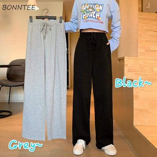 Casual Pants Solid High Waist Loose Simple Full-length Slim All-match Korean Style Students Daily Soft New Spring Female Chic