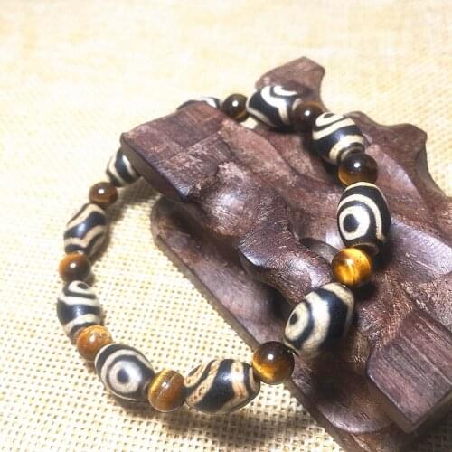 Tibetan Feng Shui DZI 8*12mm 2 eyes rice-shaped beads 6mm Tiger eyes stone string men and women jewelry bracelet Free Shipping