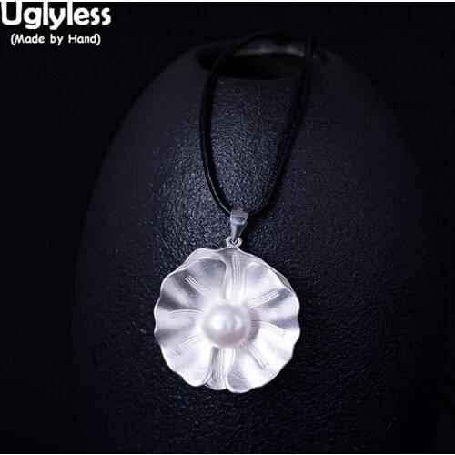 Uglyless 100% Real 925 Sterling Silver Lotus Leaf Necklaces NO Chains Ethnic Natural Pearls Flower Pendants Women Fine Jewelry