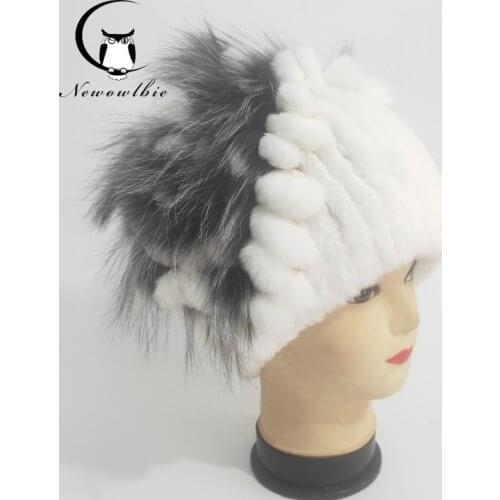 Womens Genuine Rex Rabbit Fur Hats Autumn and winter Beanies Head 100% Fox Fur Flower Warm Real Fur Knit High elasticity Caps