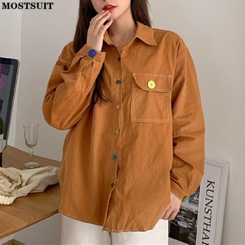 Vintage Chic Stylish Women Shirt Tops 2021 Autumn Full Sleeve Turn-down Collar Pocket Blouses Solid Loose Casual Female Blusas