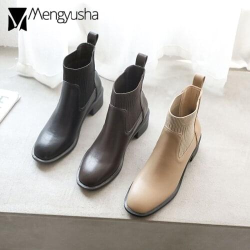 Riding boots women stretch knitting patchwork ankle booties high quality leather short chelsea botines mujer elastic tube botas