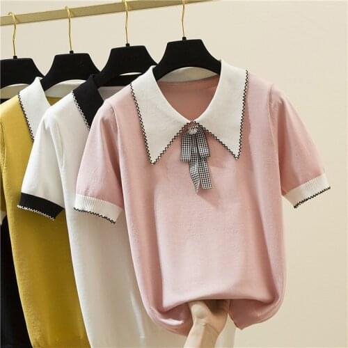 Camisetas Mujer 2021 Thin Bow Beading T-Shirt Woman Clothes Knitted T Shirt Women Tees Short Sleeve Summer Tops Tee Shirt Femme