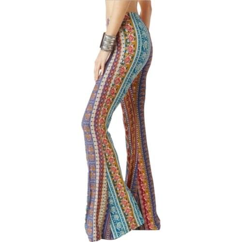 2021 Summer Boho Vintage Ethnic Flower Print Women High Waist Bell Bottom Loose Flared Long Pants Trousers pantalones de mujer