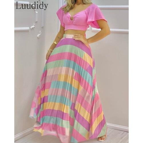 Women Solid Color V-neck Short Sleeve Top & Colorful Maxi Skirt 2 Piece Sets