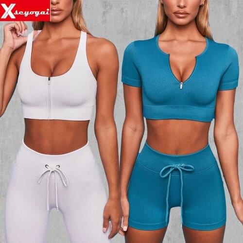 Seamless Womens Yoga Suit Sports Bra Top Workout High Waist Leggings Shorts 2-Piece Fitness Running Yoga Sportswear