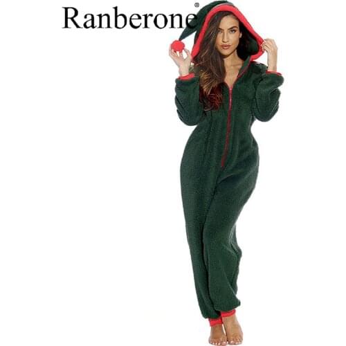 Ranberone Jumpsuit Women Winter Hooded Christmas Home Pajamas One Piece Adult Plus Size Women Clothing Tracksuit Wives Sexy