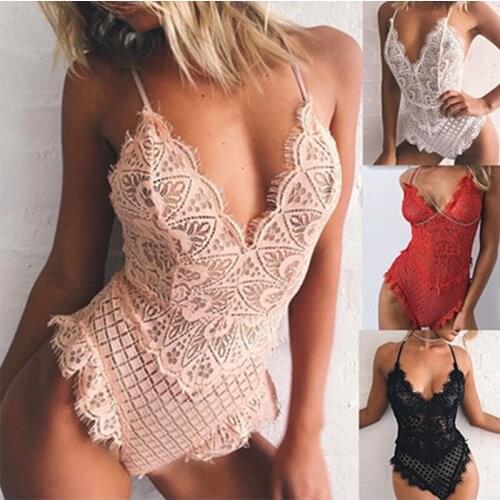 Women Sexy Sleeveless Lingerie Mesh Lace See-through Translucent Bodycon Bodysuits Solid Sleepwear Sheath Erotic Sets