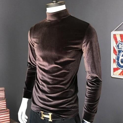 2020 Winter Mnes turtleneck slim velvet shirts,plus size Spring & Autunm velour tops black brown Male Tees