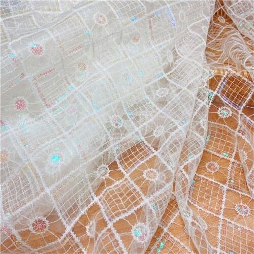 1Yard Sequins Mesh Lace Fabric Off White Embroidered Sequare DIY Wedding Dress Veil Sewing Craft Cloth V2836