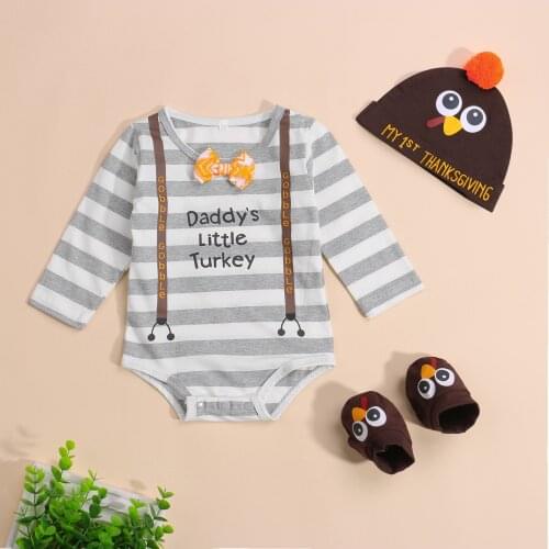 Newvorn Babies My First Thanksgiving Outfits Long Sleeve Striped Rompers + Turkey Hat + Socks 3Pcs Cartoon Clothes Set