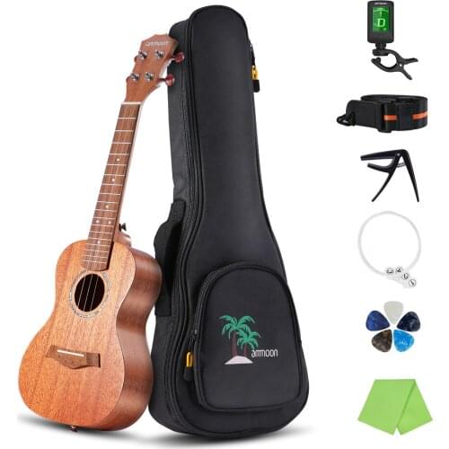 Ammoon 23 Inch Acoustic Concert Ukulele Kit Mahogany Plywood Ukelele with Gig Bag Uke Strap Spare Strings Clip-on Tuner Cleaning