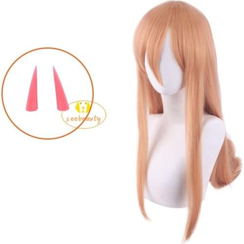Anime Chainsaw Man Makima Cosplay Wig Long Orange Heat-resistant Fiber Hair Devils Horn Hairpins Props Halloween Party Props