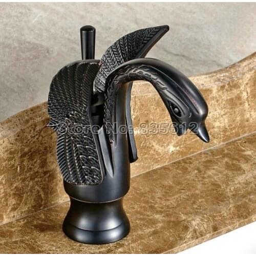 Black Oil Antique Brass Swan Style Bathroom Basin & Sink Faucet Cold and Hot Mixer Single Handle Taps Wnf030