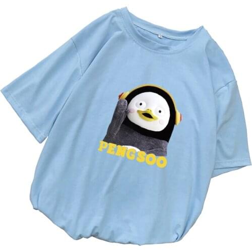 PENGSOO T Shirts Women Summer Harajuku Kawaii Cartoon Penguin Printed Korea Mascot Tops Casual Short Sleeve Loose Korean Clothes