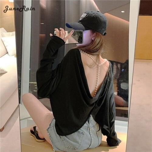 JuneRain Summer New Women Fashion Sexy Halter Pearl Chain Casual Long-sleeved Sunscreen Loose Tops Backless Female Sexy Blouse