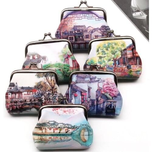 Vintage Cute Women Printing ancient town hasp coin Wallet Ladies change Purse Female Clutch mini money Bag PU Leather Carteira 5