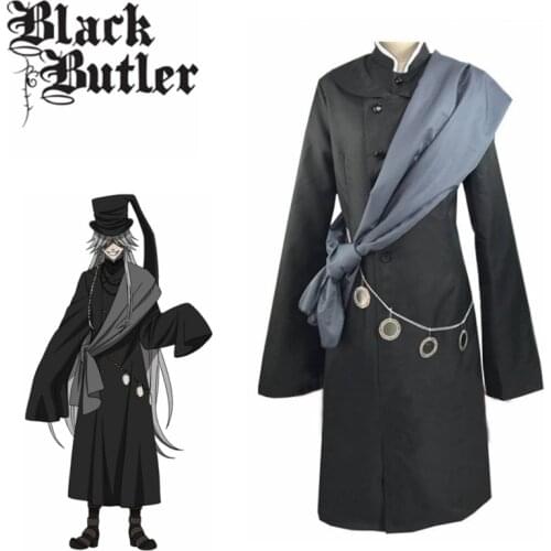 Anime Black Butler Kuroshitsuji Undertaker Cosplay Costumes Uniform Full Set For Women Men Hat Chain and Wig Halloween Party
