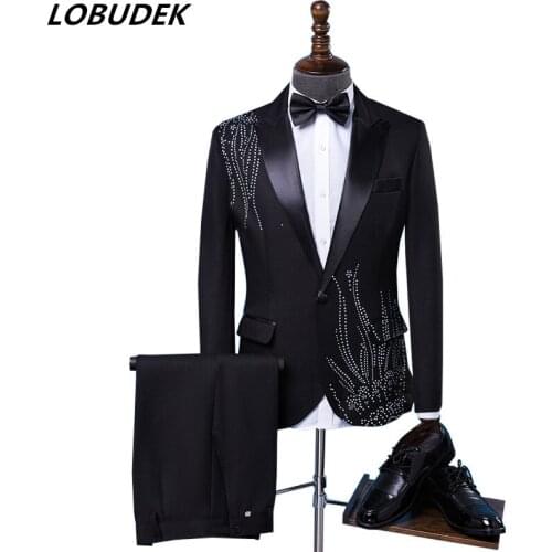 Formal Mens Suits Black white stones slim Blazers singer Chorus performance Costume Wedding master Prom Host Stage suit