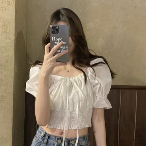 Summer Crop Top Women Sexy Club Evening party Off Shoulder Top Puff sleeve T Shirt Chiffon White Shirt High waist 2021 New