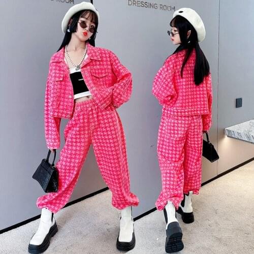 Spring And Autumn Girls' Trendy Suit Fashion Printed Short Lapel Button Cardigan + Loose Pants 2-piece Set Girls' Casual Suit