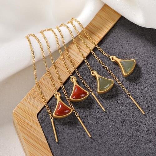 Natural Hetian Jasper geometric triangle ear line Chinese style retro palace style minority design elegant womens festival gift